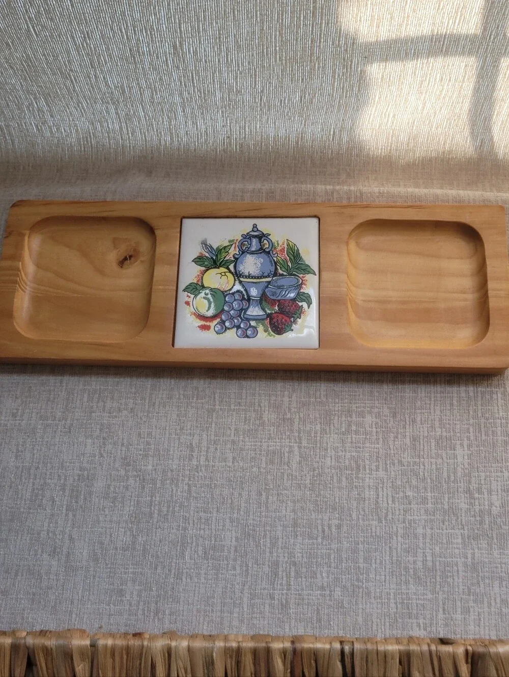 Wood Serving Tray with Ceramic Fruit Tile - Natural Wood. Boho Kitchen. MCM. 70s